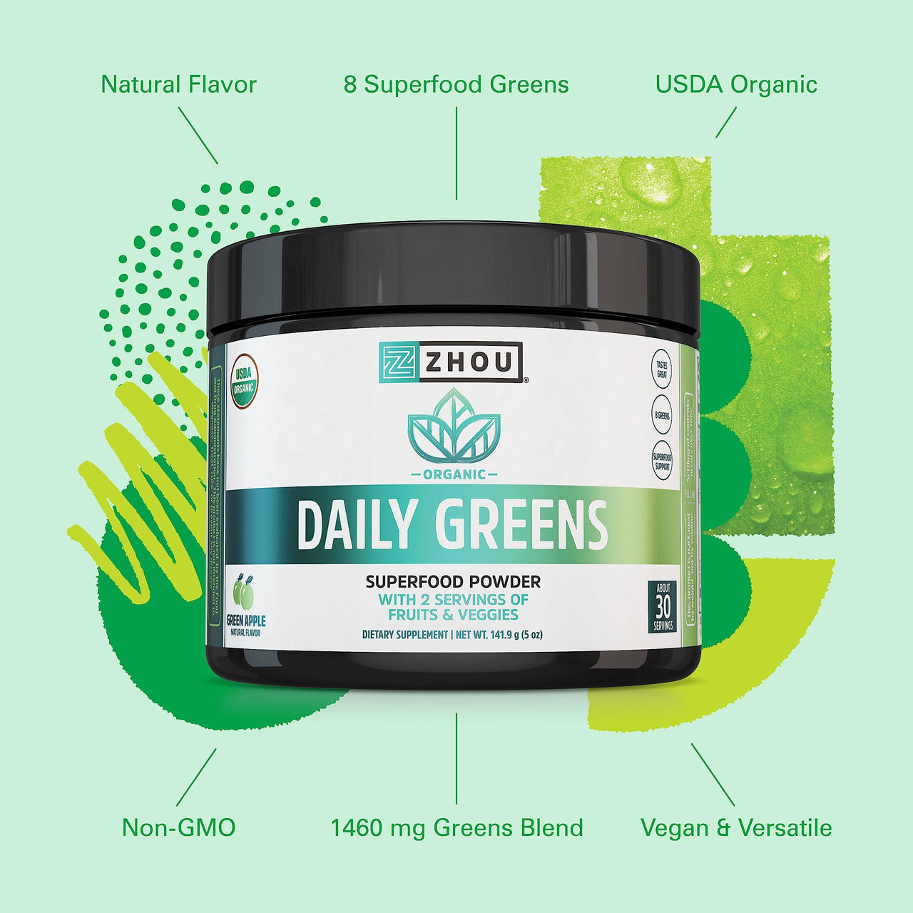 Zhou Organic Daily Greens Powder - Greens Superfood Powder for Juice, Smoothie, Super Food Drink Mix with Spirulina & Kale, Vegetables Supplement - Green Apple Flavor, 5 oz (30 Servings)