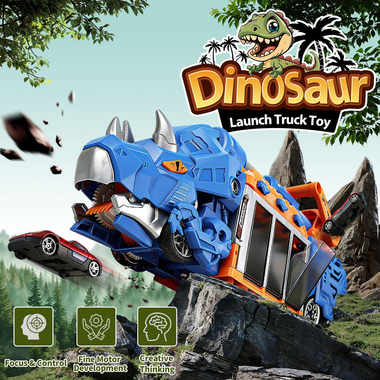 LUCKFUTURE Dinosaur Truck Toy, Blue Triceratops with Projectile Launcher - Shoots Vehicles, Dino Toy Truck with Storage for Children 3-7