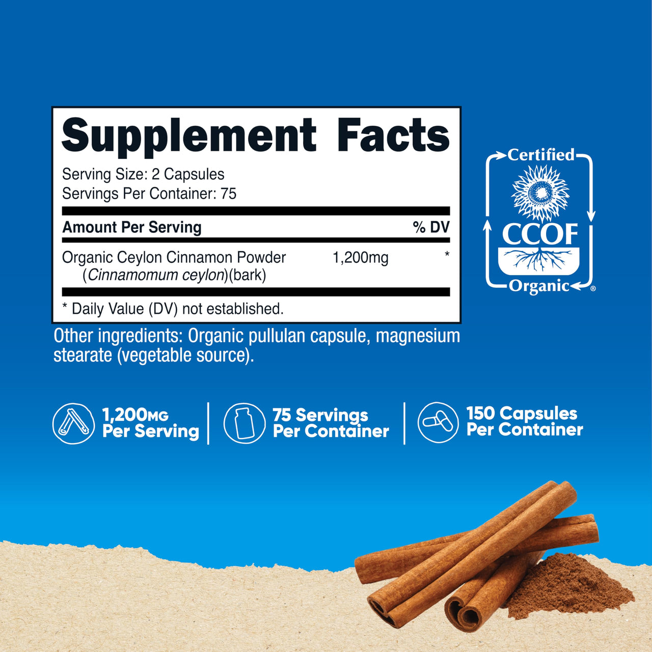 Nutricost Organic Cinnamon (Ceylon Cinnamon) 1,200mg Serving, 150 Capsules - Gluten Free, Non-GMO