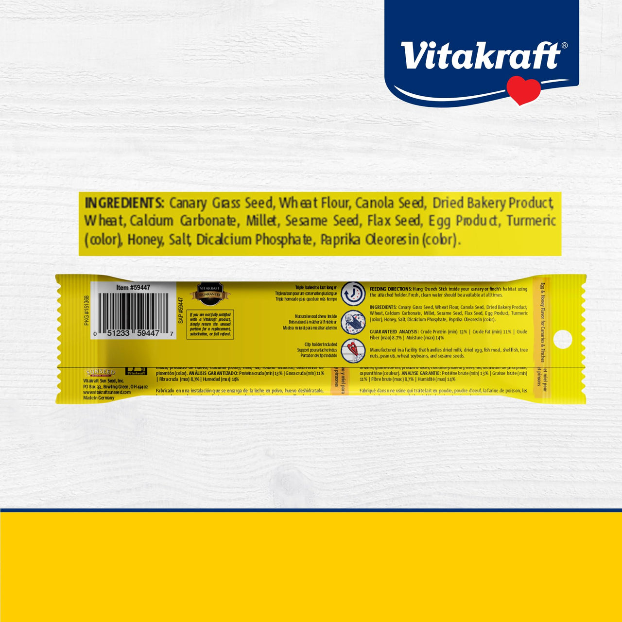 Vitakraft Crunch Sticks Parakeet Treats Egg and Honey Flavor 2 Pack - Long Lasting Seed Stick with Natural Wood Center Clip Holder and Nutritious Ingredients for Happy Engaged Birds