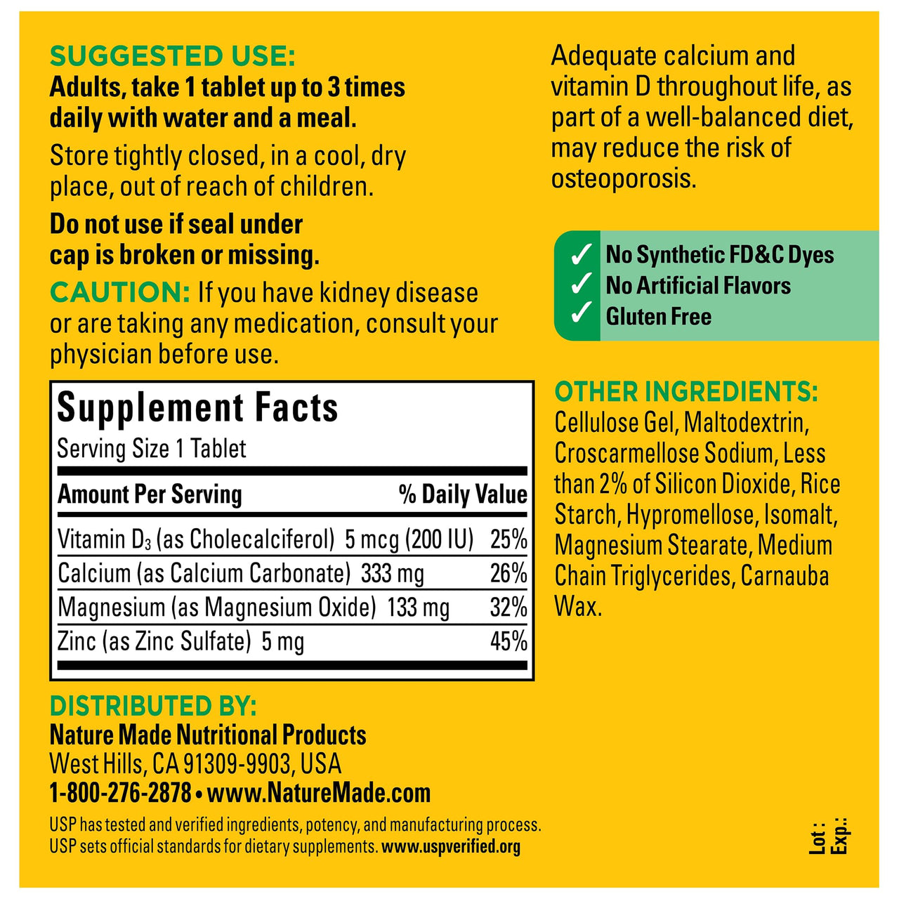 Nature Made Calcium Magnesium Zinc with Vitamin D3, Dietary Calcium Supplement for Bone Support, 300 Tablets
