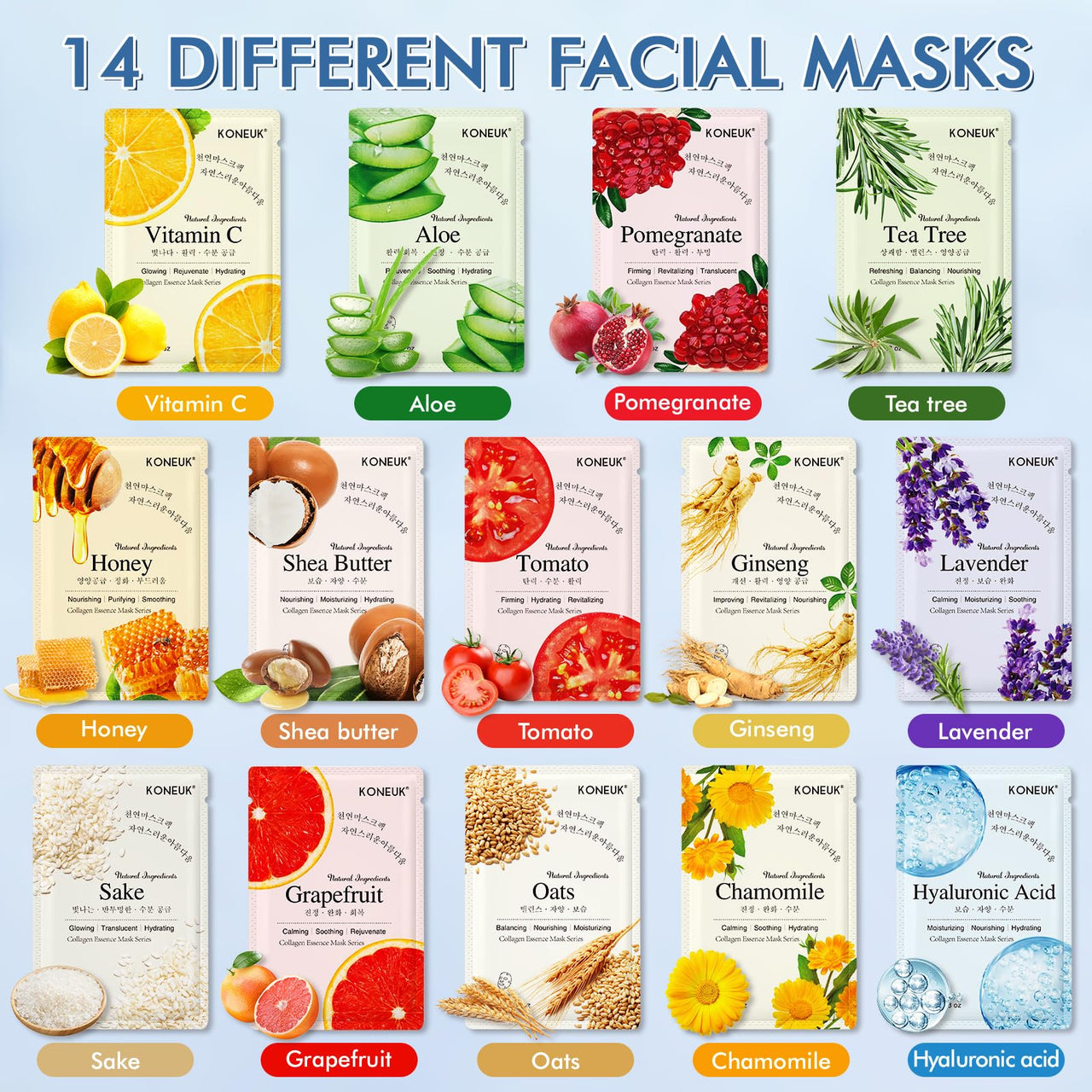 KONEUK 14 Pack Sheet Face Masks Skincare, Hydrating Face Masks Suitable for Dry Skin, Bulk Facial Mask Set for Women Skin Care, Face Mask Gifts Set for Face Spa
