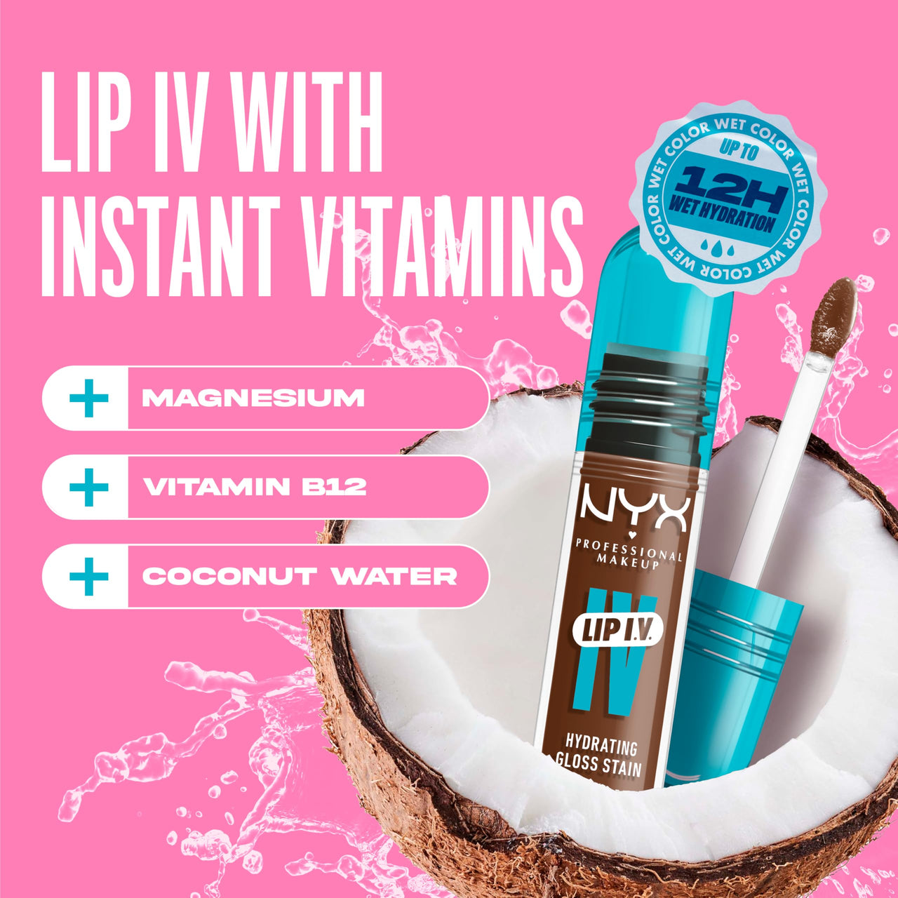 NYX PROFESSIONAL MAKEUP Lip IV Hydrating Glossy Lip Stain, Long-Lasting, Tinted, Vegan Formula with 12 HR Hydration - Splash N Spice (Brown)