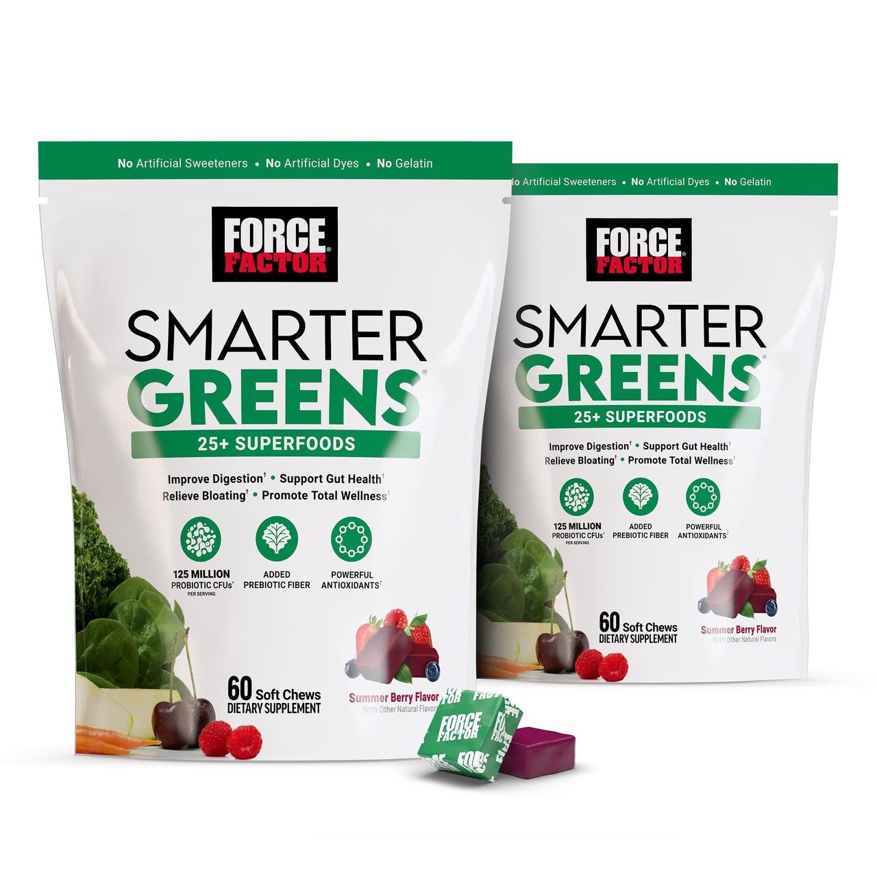 FORCE FACTOR Smarter Greens Superfood Chews, 2-Pack, Greens and Superfoods with Probiotics, Antioxidants, and Fiber, Greens Supplement to Support Digestion, Nitric Oxide, and Energy, 120 Soft Chews