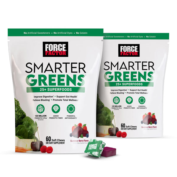 FORCE FACTOR Smarter Greens Superfood Chews, 2-Pack, Greens and Superfoods with Probiotics, Antioxidants, and Fiber, Greens Supplement to Support Digestion, Nitric Oxide, and Energy, 120 Soft Chews