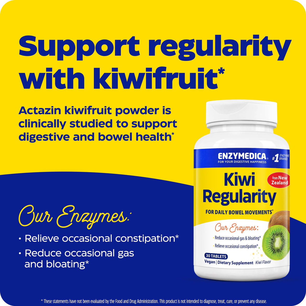 Enzymedica Kiwi Regularity - Bowel Movement Supplement for Women & Men, Occasional Constipation Support, Reduces Gas & Bloating, Daily Digestion & Gut Health Support for Adults - 30 Chewable Tablets