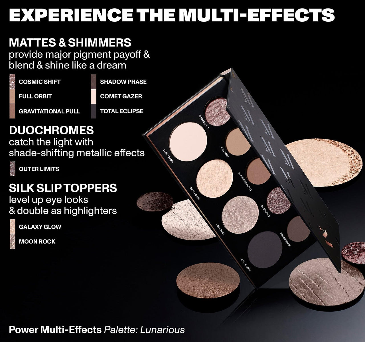 Morphe Power Multi-Effects - Makeup Palettes with Mattes, Shimmers, Duochromes & Silk Slip Toppers - Made to Build, Blend & Layer for Everyday Versatile Makeup Looks - Lunarious (0.65 oz)
