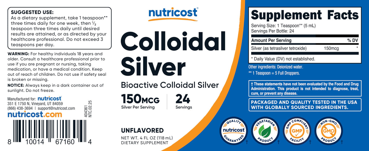 Nutricost Colloidal Silver 4oz - Cobalt Blue Glass Bottles, Bio-Active Colloidal Silver