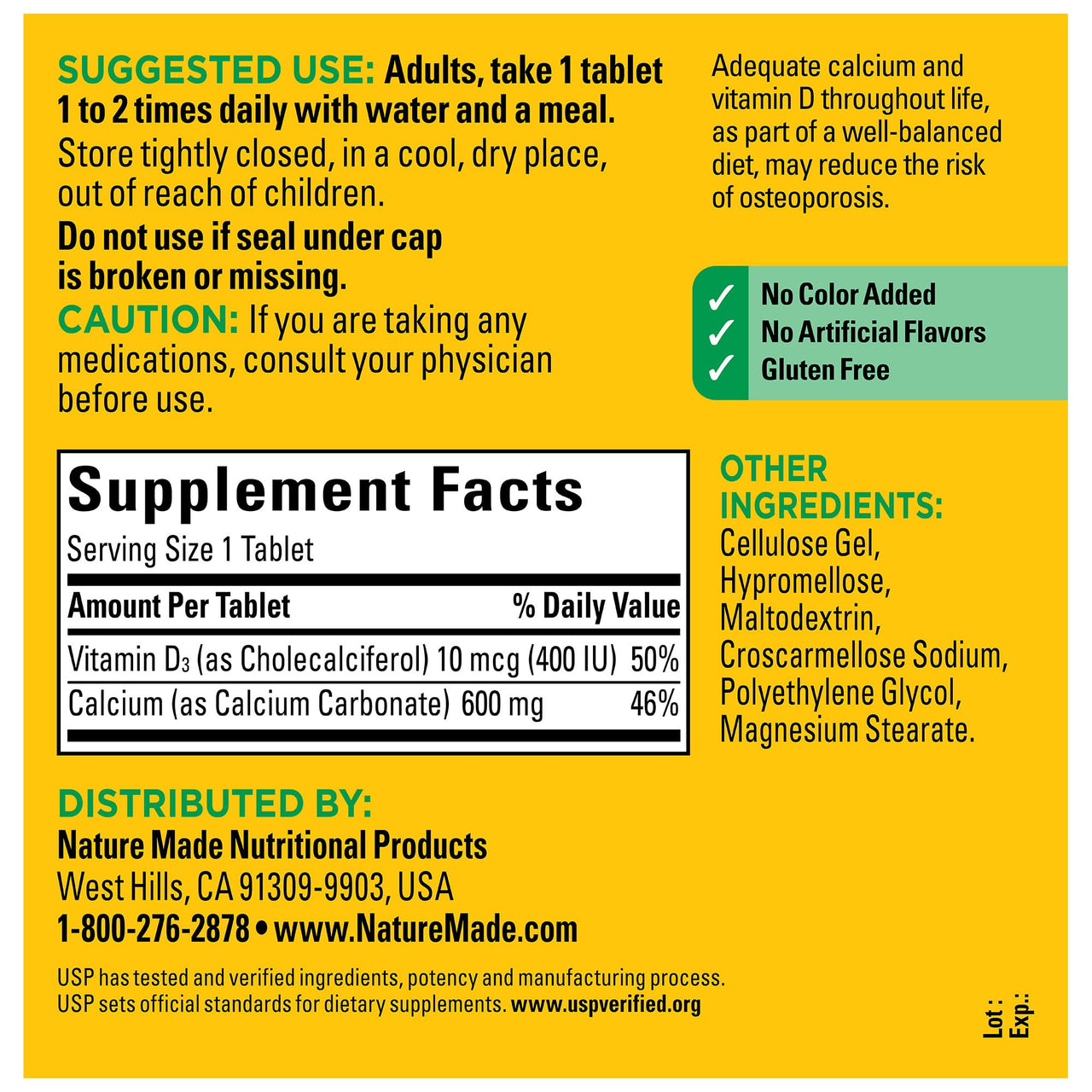 Nature Made Calcium 600 mg with Vitamin D3, Dietary Supplement for Bone Support, 220 Tablets