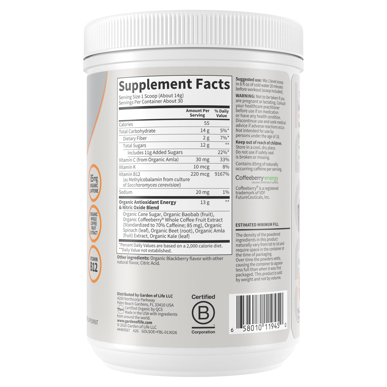 Garden of Life Sport Organic Plant Based Energy + Focus Clean Pre Workout Powder, with 85mg Caffeine, Natural No Booster, B12, Vegan, Gluten Free, Non-GMO, BlackBerry, 15.3 Oz