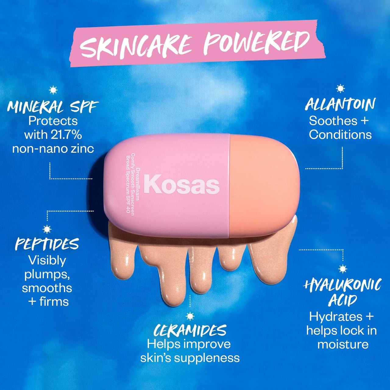 Kosas DreamBeam Mineral Sunscreen SPF 40 - Smooth Liquid Sun Protection for Face - Lightweight Makeup Base w/Hyaluronic Acid, Ceramides & Peptides - Subtle Radiant Finish, Original, 40 ml