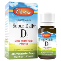 Thumbnail for Carlson - Super Daily D3, 6000 IU (150 mcg) per Drop, Liquid Vitamin D3, 1-Year Supply, Non-GMO, Unflavored, 365 Vegetarian Drops (10.3 mL)