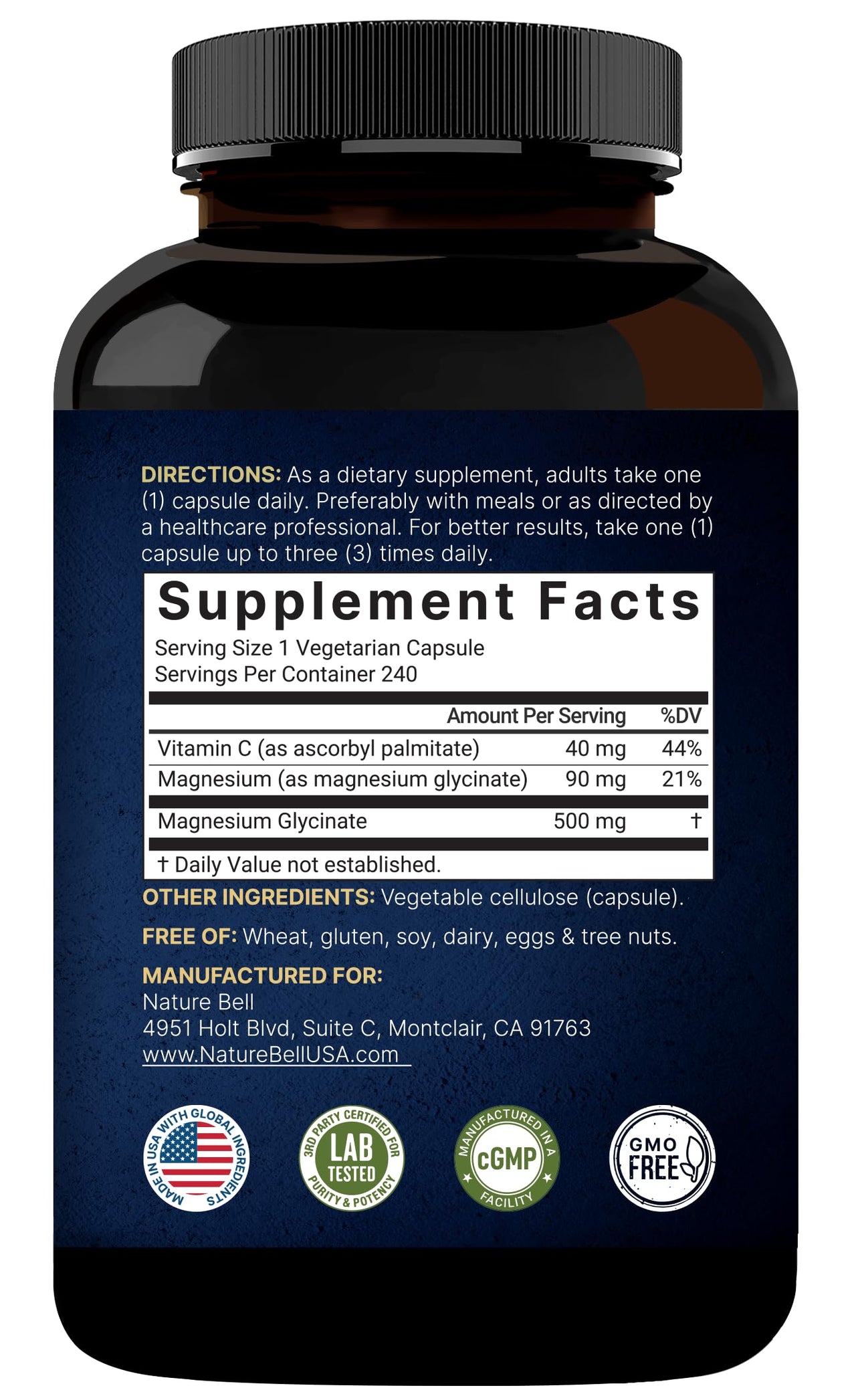 Naturebell Pure Magnesium Glycinate 500mg, 240 Veggie Capsules | 100% Chelated & Purified – 3rd Party Tested, Vegan Friendly, Non-GMO, Fiiler Free