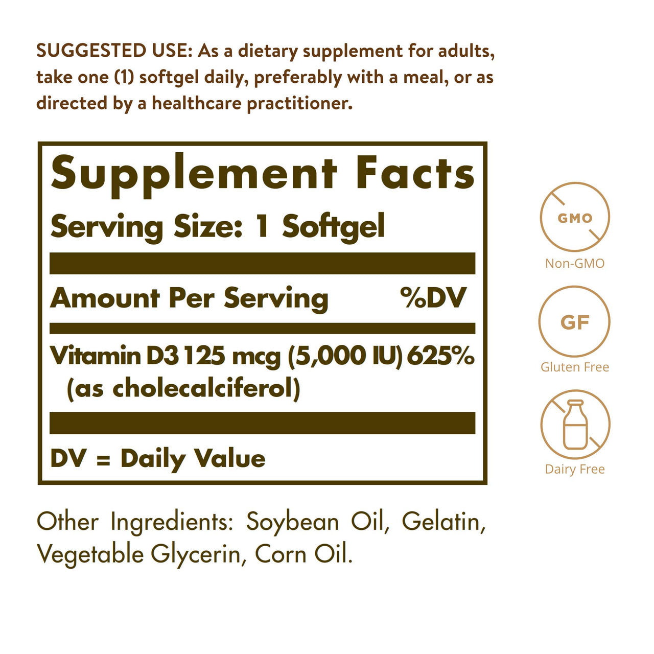 Solgar Vitamin D3 (Cholecalciferol) 125 MCG (5000 IU), 100 Softgels - Helps Maintain Healthy Bones & Teeth - Immune System Support - Non GMO, Gluten-Free, Dairy Free - 100 Servings