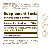 Thumbnail for Solgar Vitamin D3 (Cholecalciferol) 125 MCG (5000 IU), 100 Softgels - Helps Maintain Healthy Bones & Teeth - Immune System Support - Non GMO, Gluten-Free, Dairy Free - 100 Servings