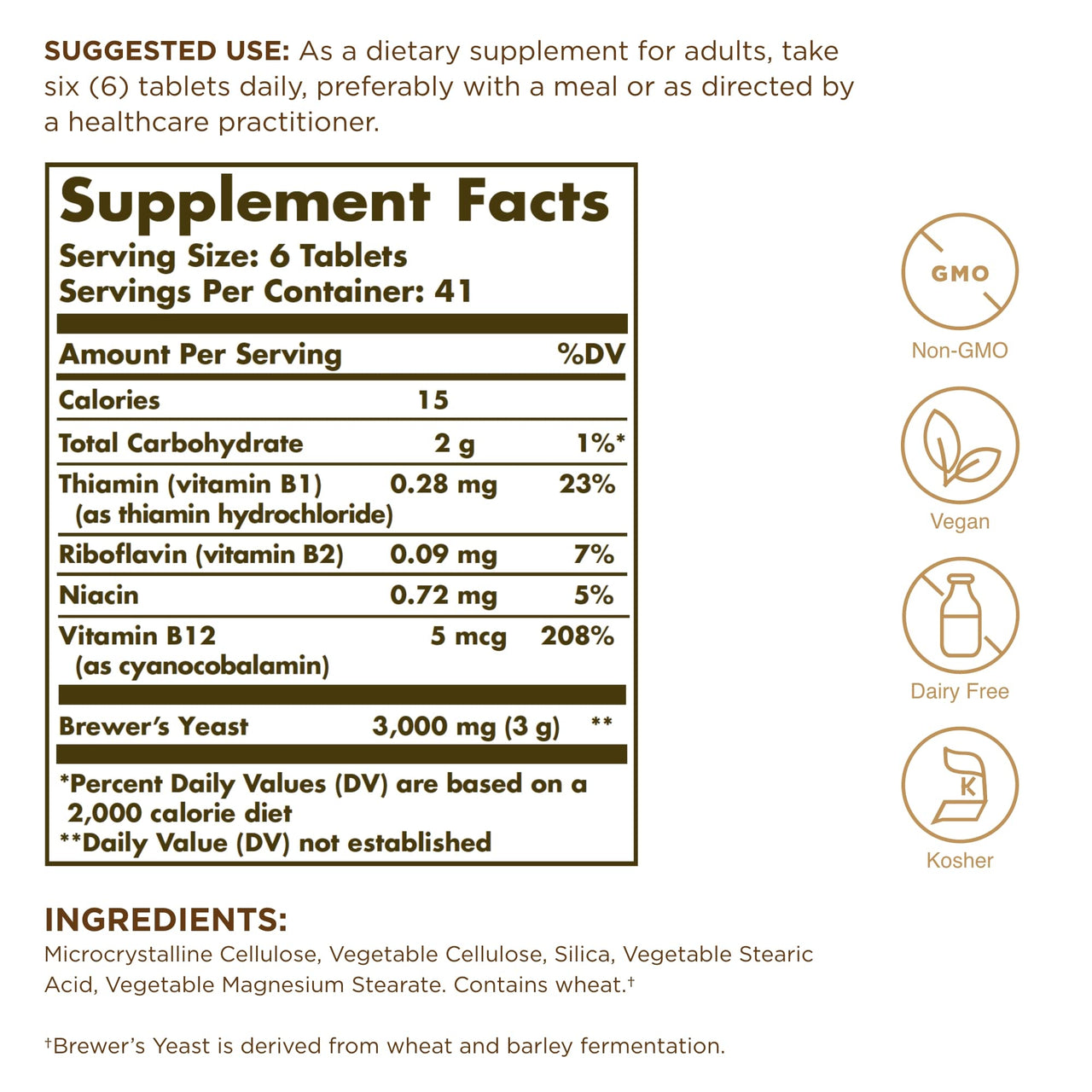 Solgar Brewer's Yeast 7 ½ Grains with Vitamin B12 - 250 Tablets, Pack of 2 - Non-GMO, Vegan, Dairy Free, Kosher - 82 Total Servings