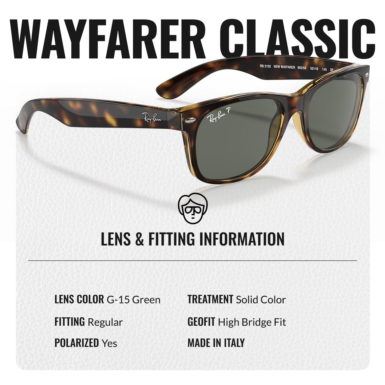 Ray-Ban RB2132 NEW WAYFARER Classic Polarized Square Shape Sunglasses With Eyewear Kit Bundle - High Bridge Fit - Casual Wear Square Sunglasses