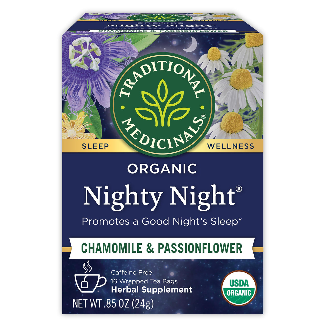 Traditional Medicinals Organic, Nighty Night Tea, Chamomile & Passionflower - Herbal Sleep Aid Teas - Kosher, Non-GMO, Caffeine-Free, Compostable - 16 Tea Bags