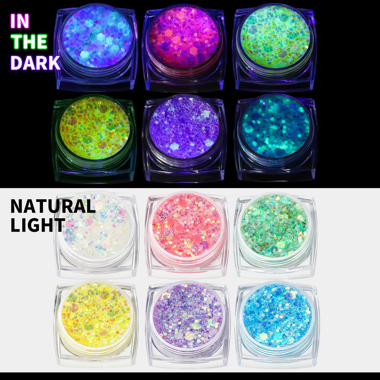 Teenitor 6 Colors Glow in The Dark Glitter Gel, Face Glitter Gel, Body Glitter Hair Glitter for Carnival Makeup UV Black Light Party Cheer Raves Festivals
