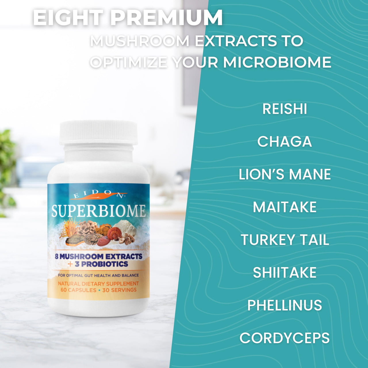 Eidon Ionic Minerals SuperBiome, Mushroom Extract Supplement, Mushroom Complex Capsules with Reishi, Chaga, Lions Mane, Cordyceps, Turkey Tail, 30 Servings