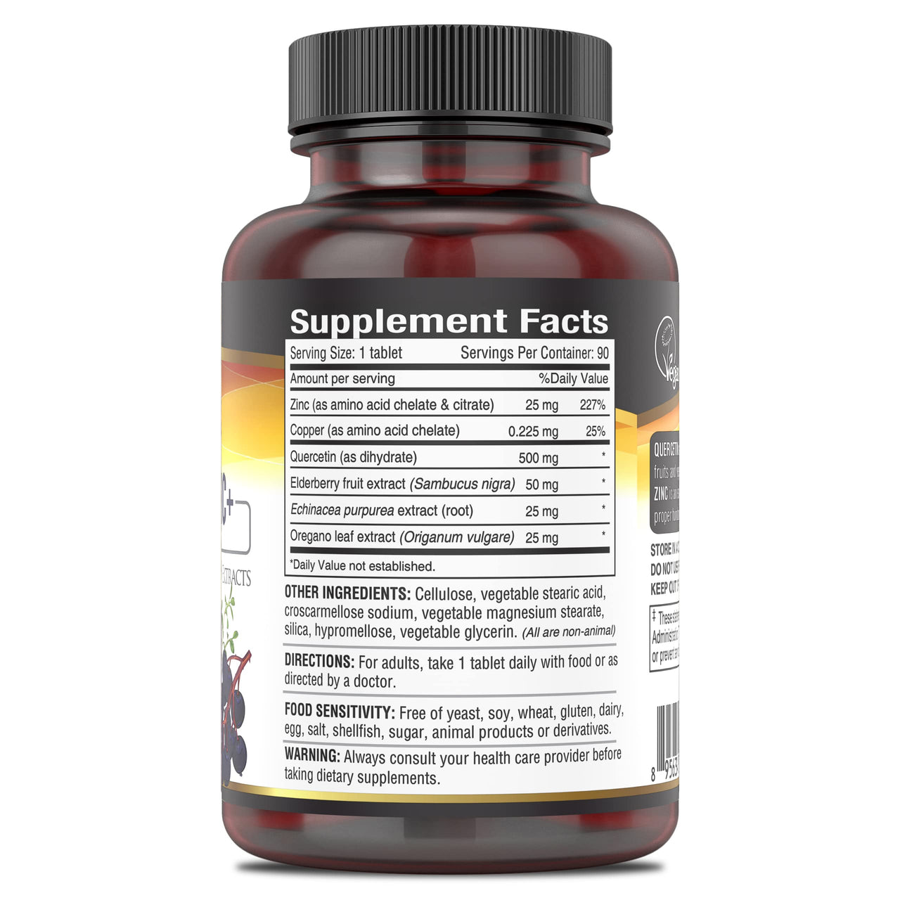 DEVA Vegan Quercetin 500mg Plus 25mg Zinc with Elderberry, Echinacea and Oregano Extracts -No Animal Ingredients - 90 Tablets, 1-Pack
