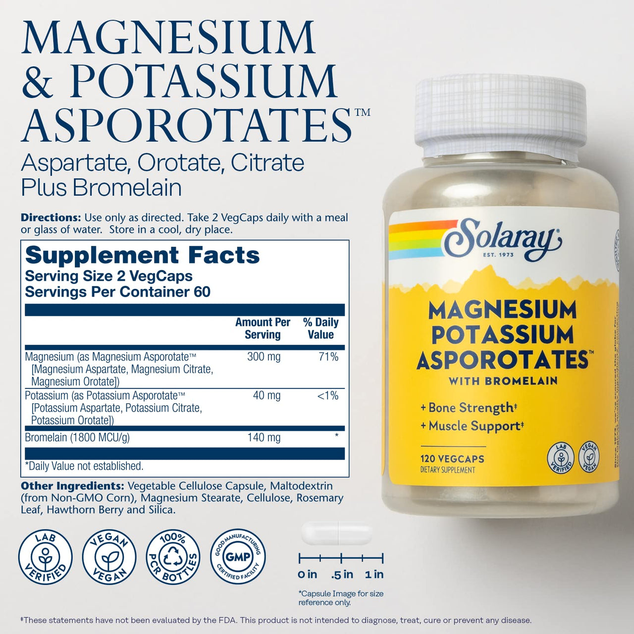 Solaray Magnesium and Potassium with Bromelain, Magnesium Potassium Supplement for Heart Health, Electrolyte, and Muscle Support - Gluten Free & Lab Verified - 60 Servings, 120 VegCaps