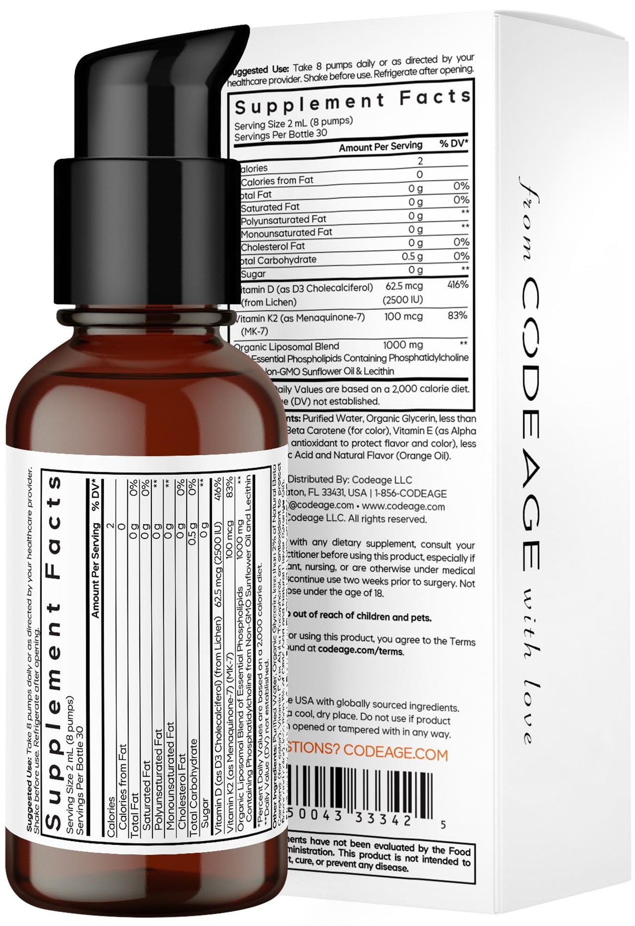 Codeage Liquid Vitamin D3 K2 Supplement, Liposomal Vitamin D Cholecalciferol, Menaquinone MK-7, Liquid Vitamin K - Vegan & Non-GMO - No Sugar - 2 fl oz