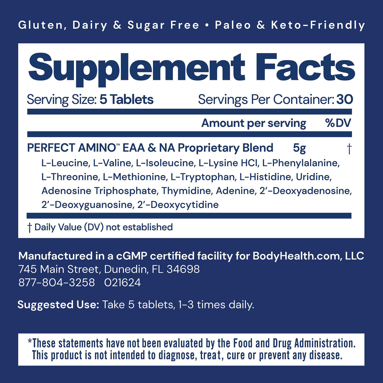 BodyHealth PerfectAmino Tablets (150 ct), Essential Amino Acid with BCAAs + Lysine, Phenylalanine, Threonine, Methionine, Tryptophan, Supplement for Muscle Mass Production, Recovery & Strength