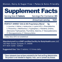 Thumbnail for BodyHealth PerfectAmino Tablets (150 ct), Essential Amino Acid with BCAAs + Lysine, Phenylalanine, Threonine, Methionine, Tryptophan, Supplement for Muscle Mass Production, Recovery & Strength
