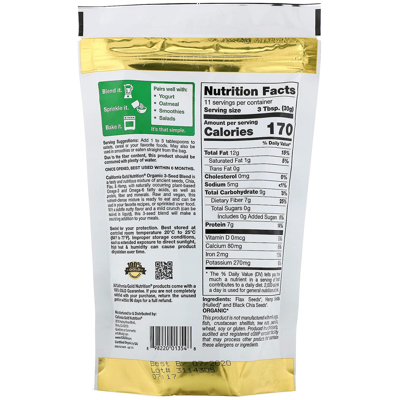 California Gold Nutrition Organic 3-Seed Blend, Black Chia Seeds, Hemp Seed Hearts & Flax Seeds, Omega-3 & Omega-6 Fatty Acids, USDA Organic, Vegan, No Gluten, No GMOs, 12 oz (340 g)