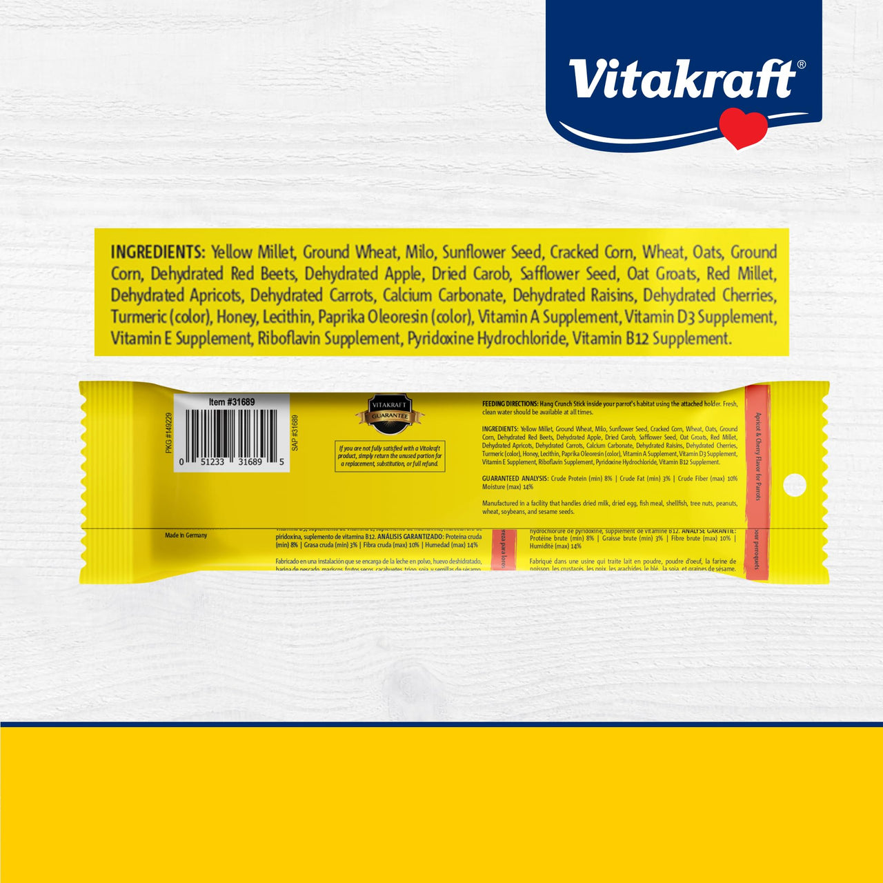 Vitakraft Crunch Sticks for Parrots Apricot and Cherry Flavor Natural Wood Chew Center with Clip Holder Long Lasting Treats for Conures and Parrots - 5.5 oz 2 Sticks