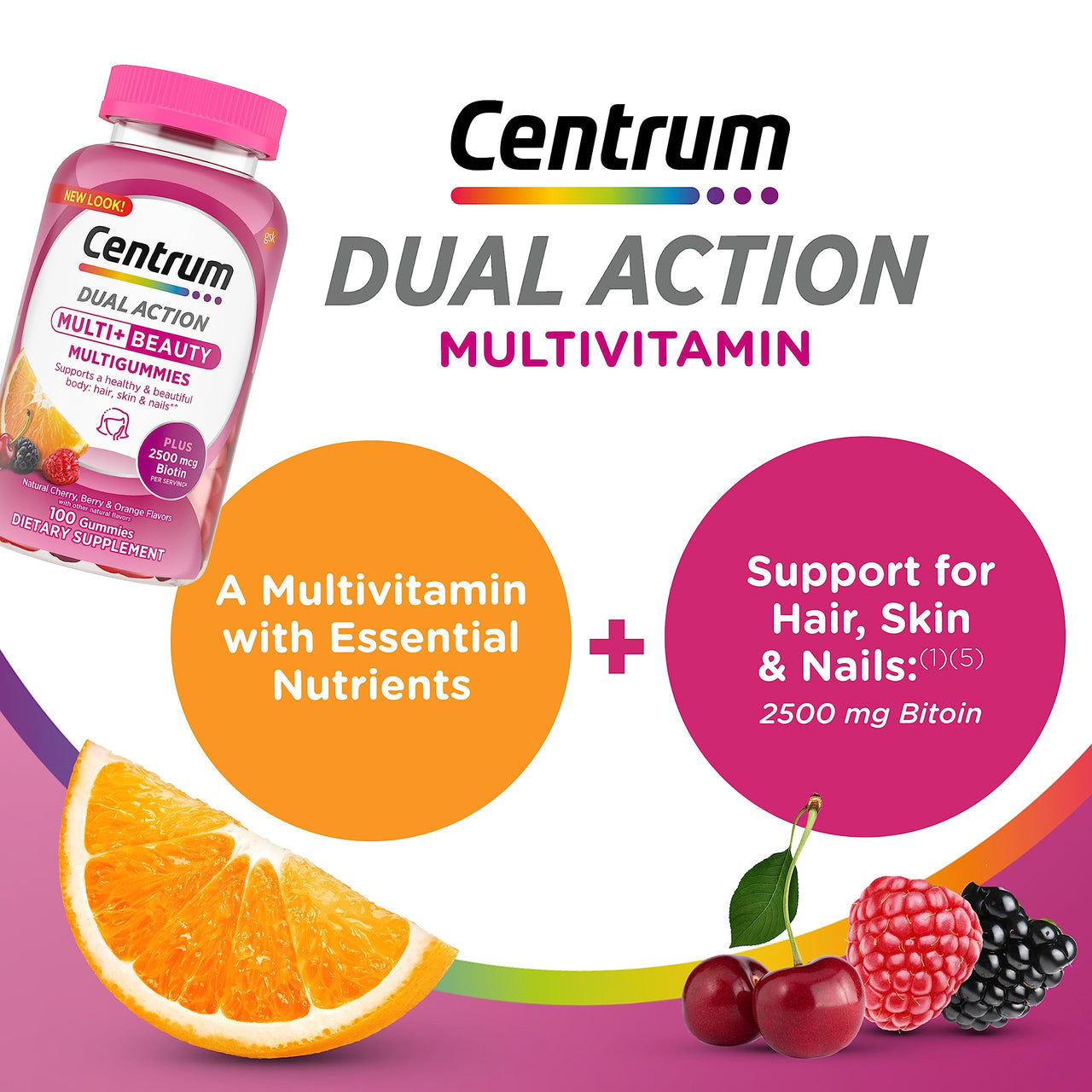 Centrum MultiGummies Multi+ Beauty Dual Action Multivitamin, Specially Designed with Biotin for Healthy Hair, Skin and Nails, Cherry/Berry/Orange Flavors - 100 Count