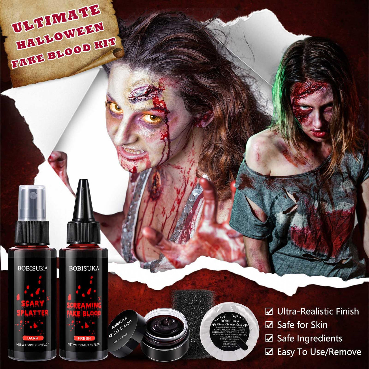 BOBISUKA 5PCS Halloween Fake Blood Kit – Dripping Fresh Blood, Dark Spray Blood, Coagulated Gel, Cleansing Soap, Stipple Sponge – Realistic Washable SFX Makeup for Zombie, Vampire Monster & Cosplay