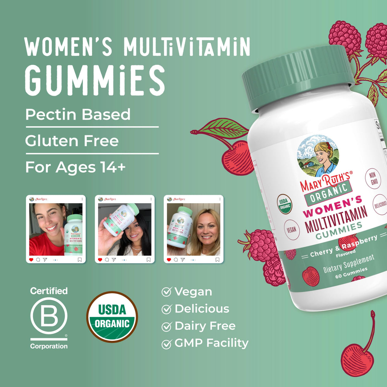 MARYRUTH'S Multivitamin Gummies for Women Ages 14+ | Immune Support | Hair & Skin Health | Reproductive Health | Vitamin A C D E B6 B12 Biotin Zinc Iodine | Organic | Vegan | Non-GMO | 60 Count