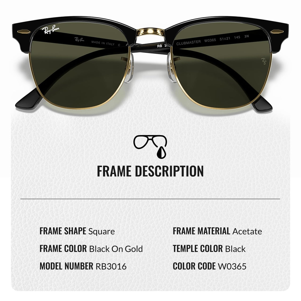 Ray-Ban RB3016 Clubmaster Polarized Classic Square Shape Sunglasses for Men and Women -Timeless Classic Sun Glasses with Modern Elegance - Premium UV Protection - Designer Men's and Women's Sunglasses