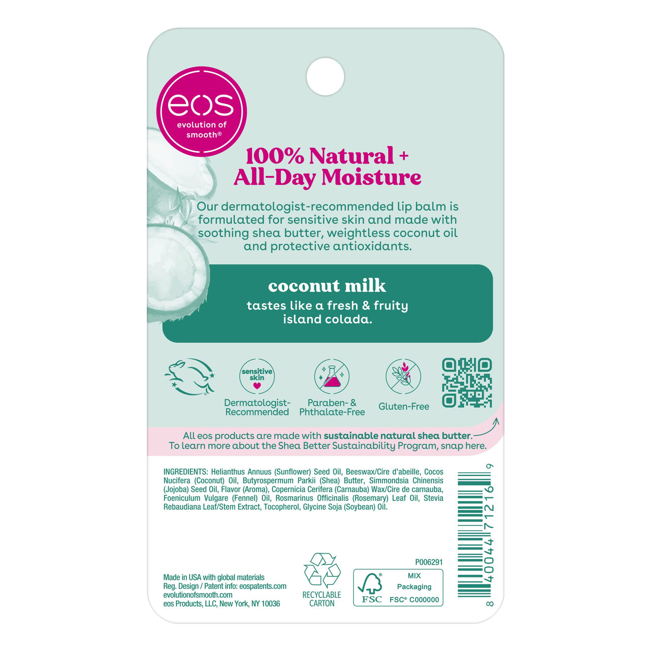 eos 100% Natural Lip Balm- Coconut Milk, All-Day Moisture, Made for Sensitive Skin, Lip Care Products, 0.14 oz, 2-Pack