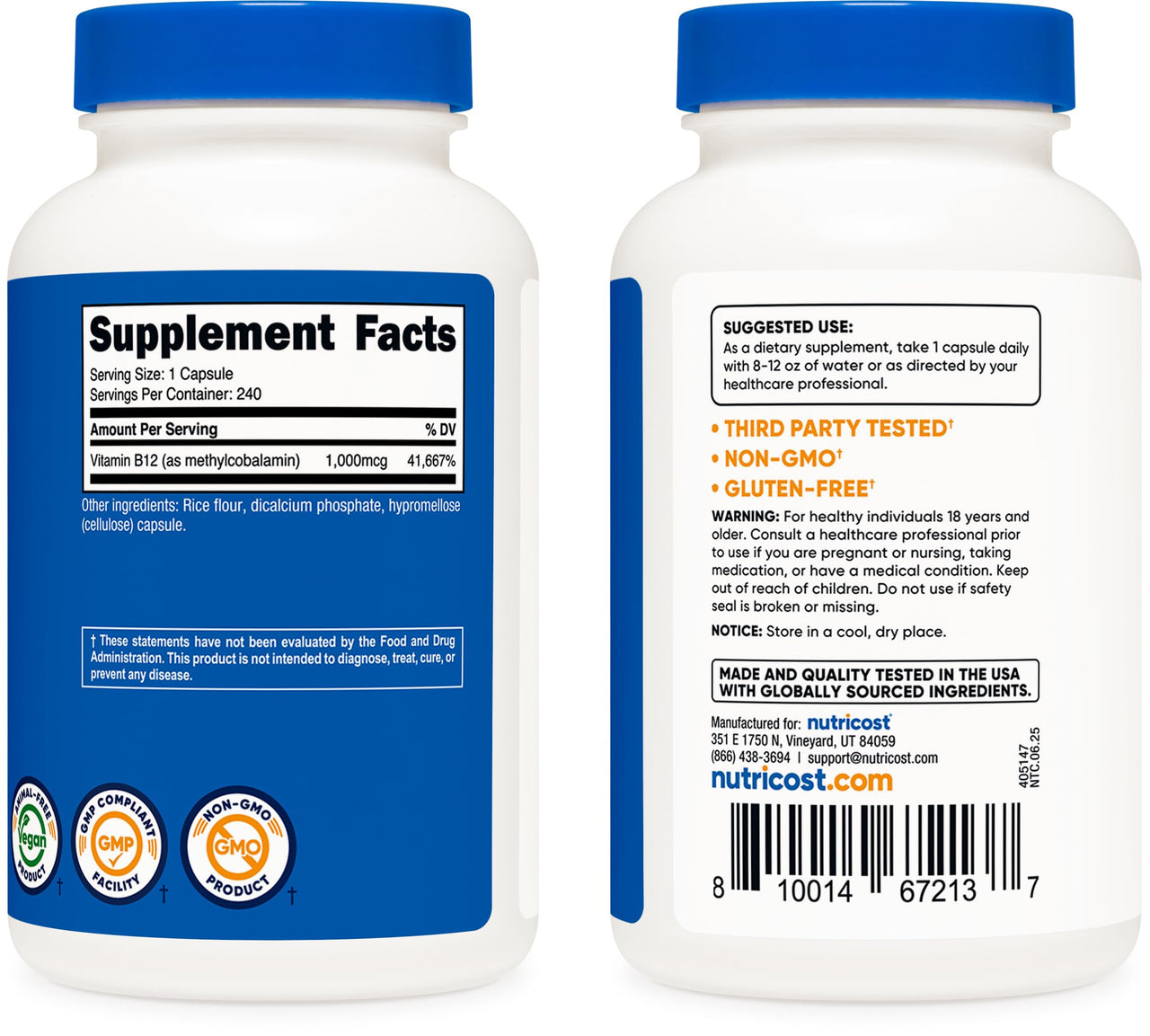 Nutricost Vitamin B12 (Methylcobalamin) 1000mcg, 240 Capsules - Vegetarian, Non-GMO & Gluten Free B12 Supplement