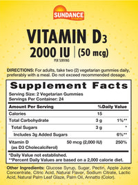 Thumbnail for Sundance Vitamin D3 Gummies | 2000 IU | 48 Count | Pineapple Flavor | Vegetarian, Non-GMO, and Gluten Free Supplement