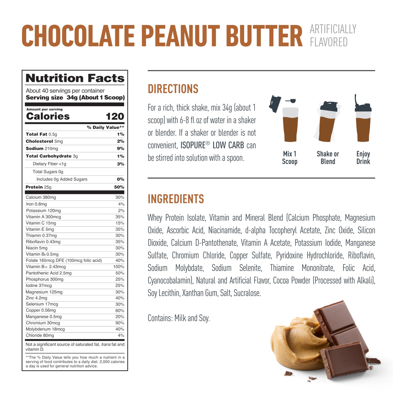 Isopure Low Carb 100% Pure Whey Isolate Protein Powder, Gluten Free, With Vitamins, Chocolate Peanut Butter, 25g Protein Per Serving, 3 Lbs, 40 Servings (Packaging May Vary)