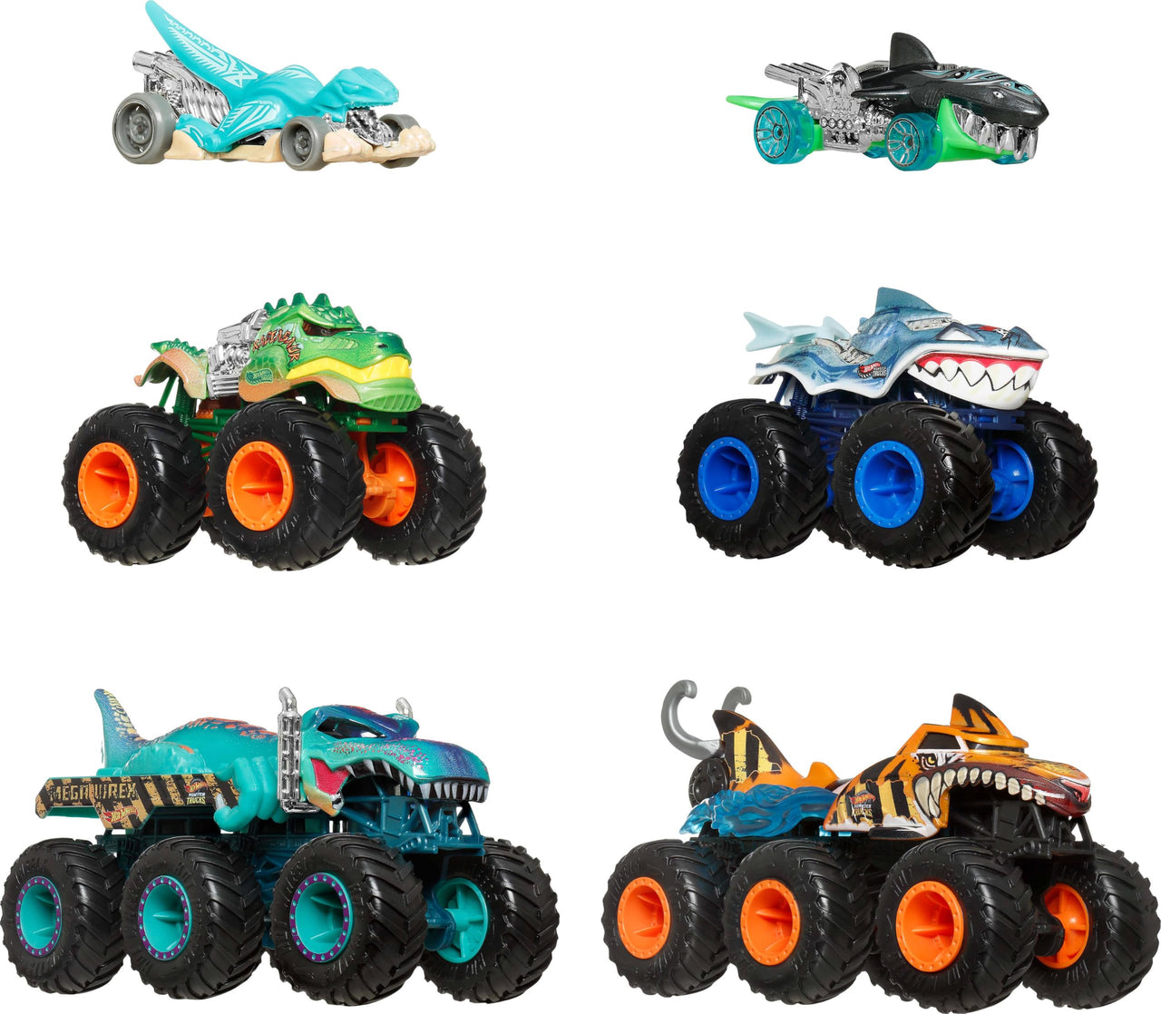 Hot Wheels Toy Cars & Monster Trucks, Sharks vs. Dinos Multipack with 8 Total Vehicles, Including Big Rigs, 1:64 Scale Monster Trucks & 1:64 Scale Hot Wheels Vehicles