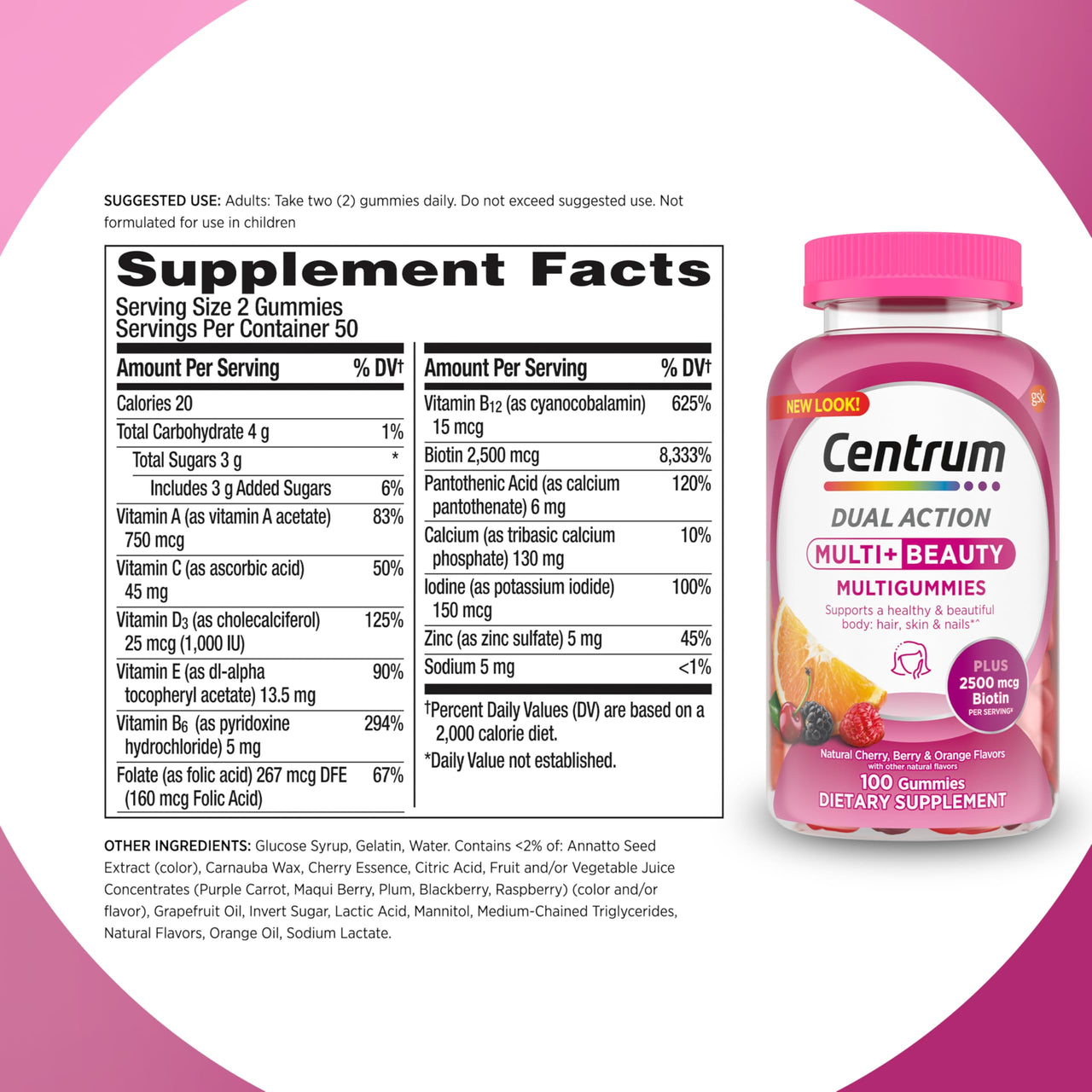 Centrum MultiGummies Multi+ Beauty Dual Action Multivitamin, Specially Designed with Biotin for Healthy Hair, Skin and Nails, Cherry/Berry/Orange Flavors - 100 Count