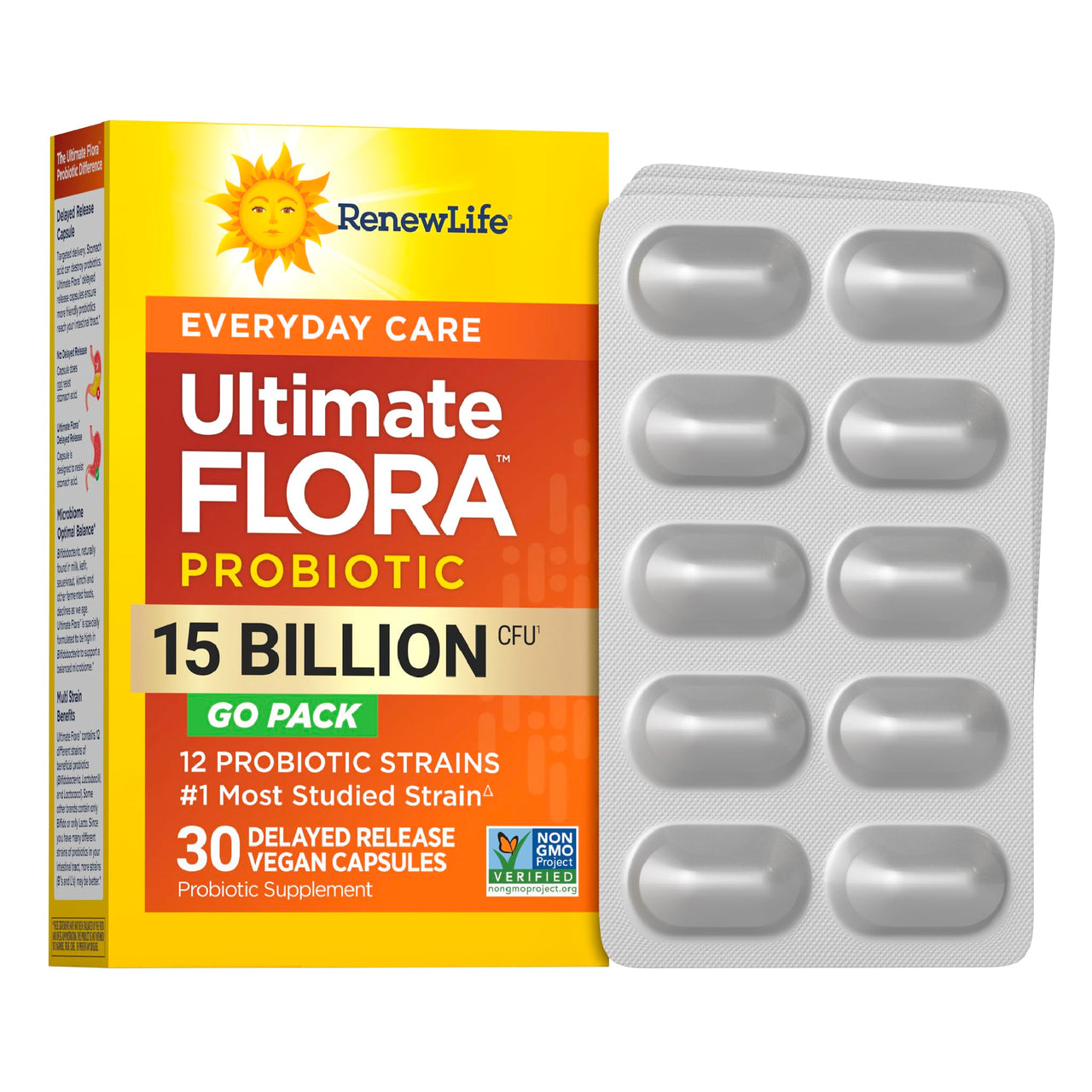 Renew Life Everyday Go-Pack Probiotic Capsules, Daily Supplement Supports Urinary, Digestive and Immune Health, L. Rhamnosus GG, Dairy, Soy and gluten-free, 15 Billion CFU, 30 Count