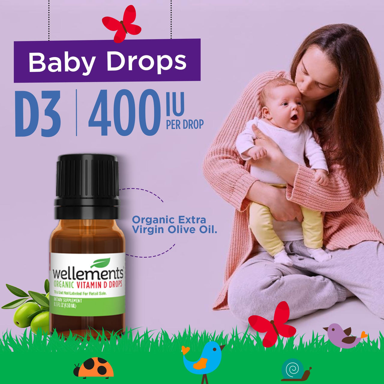 Wellements Baby Organic Vitamin D Drops for Infants & Toddlers (90-Day Supply) - Certified Newborn+ Liquid Vitamin D3 Drops, Support Healthy Growth & Bone Development 400 IU per Drop (1 Drop Daily)