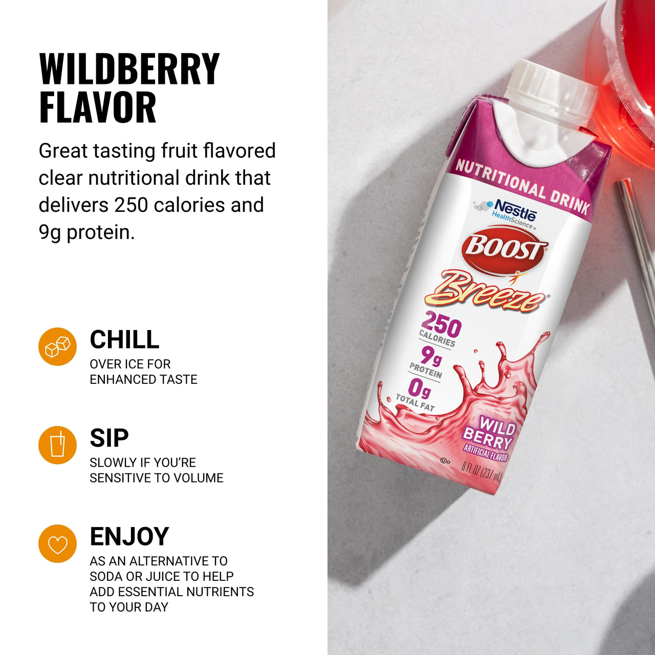 BOOST Breeze Clear Nutritional Drink - 250 Calories - 19 Vitamins & Minerals - 9 g Protein – Fortified with Vitamin A & Zinc - Wild Berry Flavor - 8 fl oz (Pack of 24)