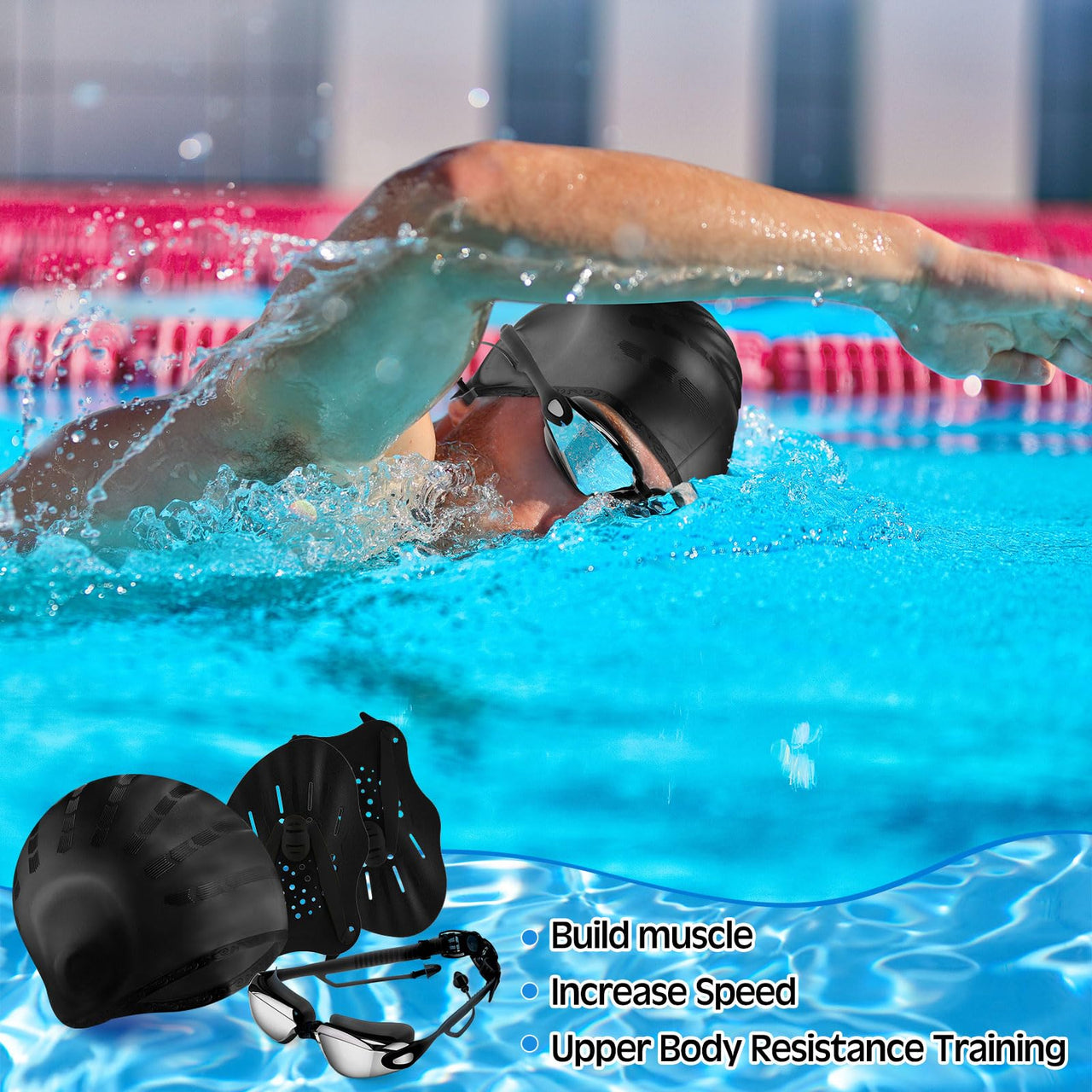 Foilswirl 8 Pcs Swimming Equipment Kit Anti Fog Swim Goggles Paddle Hand Cap Nose Cover Training Hand Paddles with Adjustable Straps for Lap Men Women(Black)