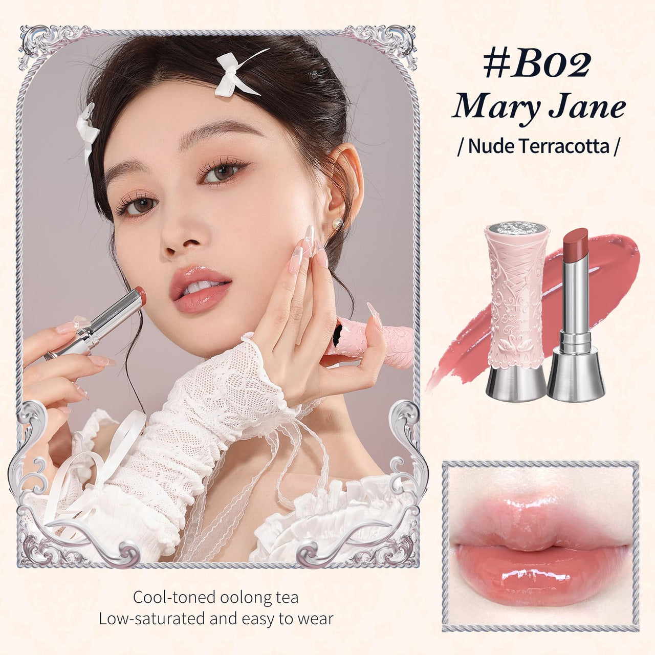 Flower Knows Swan Ballet Shine Lipstick,Hydrating Solid Lip Gloss,Moisturizing Nude peachy Tinted Lip Balm-Long Lasting Lip Gloss in Balm for Girls&Women(B02 Mary Jane)