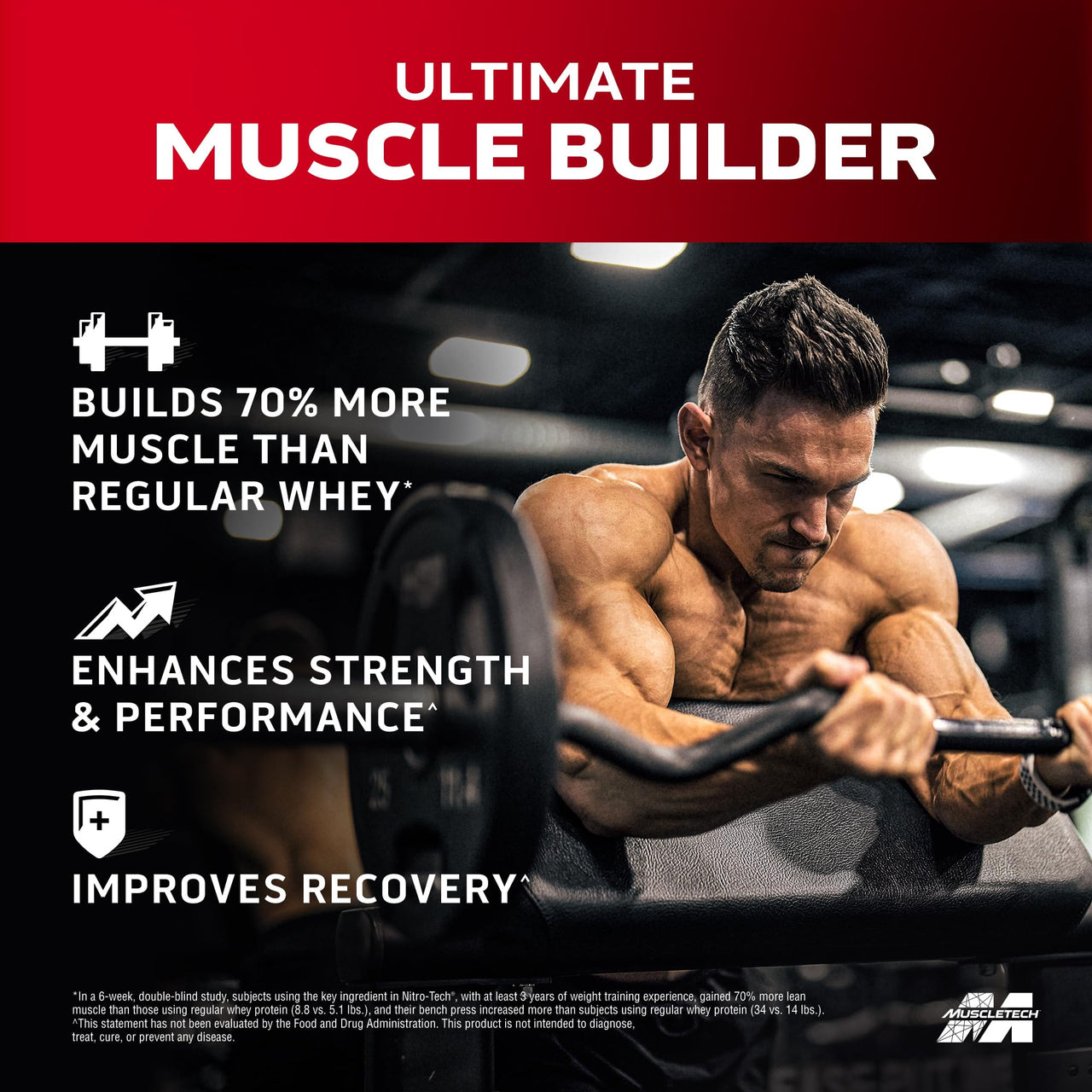 Muscletech Whey Protein Powder (Strawberry, 4 Pound) - Nitro-Tech Muscle Building Formula with Whey Protein Isolate & Peptides - 30g of Protein, 3g of Creatine & 6.6g of BCAA