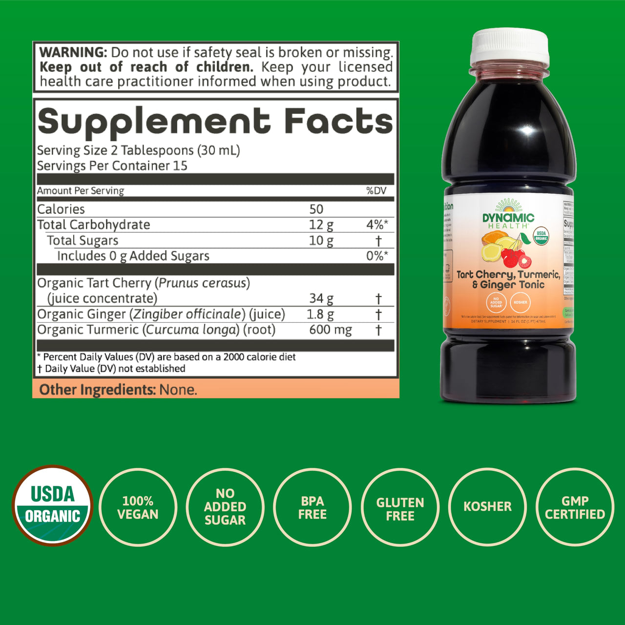 Dynamic Health Tart Cherry Juice Tonic with Turmeric & Ginger | Vegetarian and Kosher | Key Compounds | 16 Fl Oz