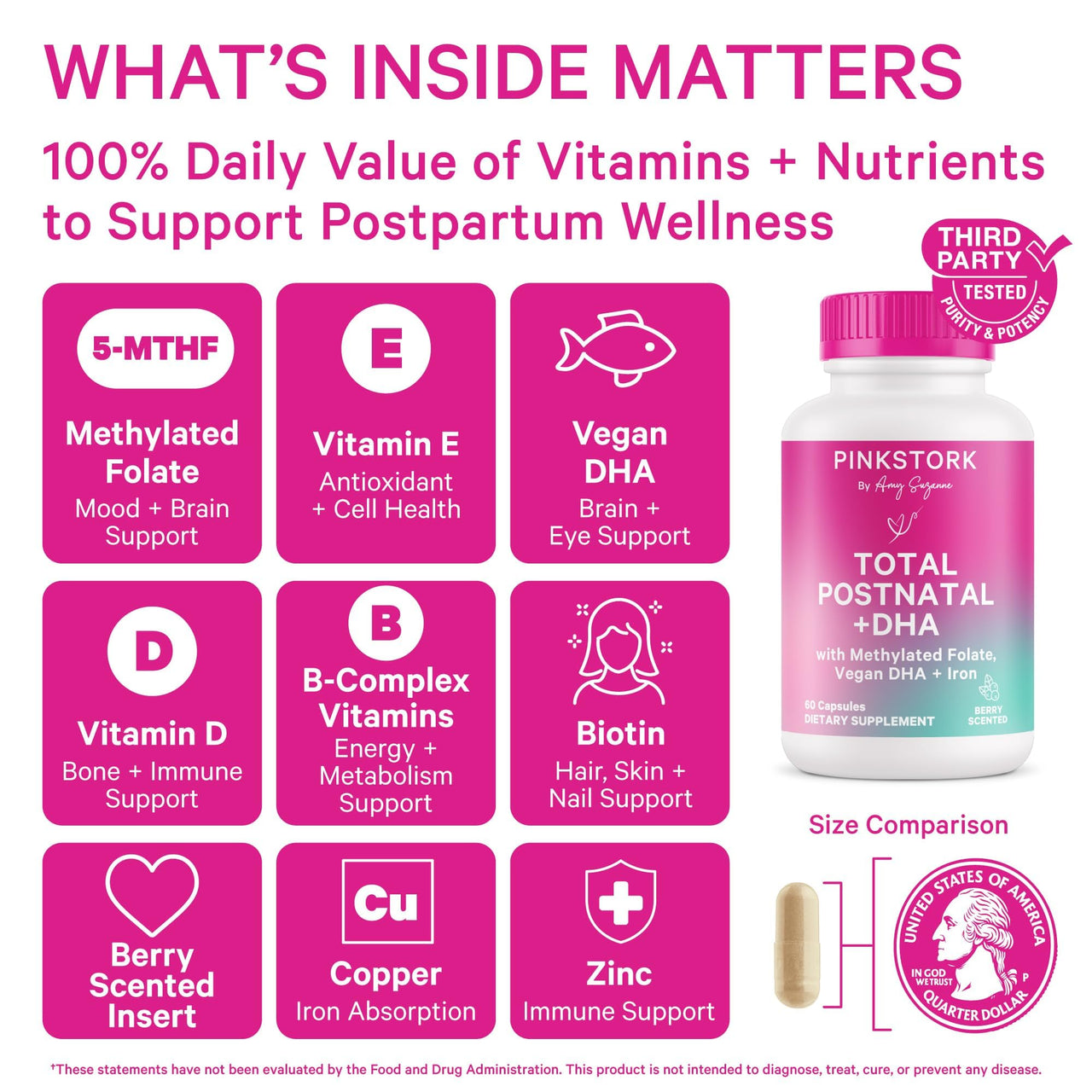 Pink Stork Total Postnatal Vitamins for Women | Vegan DHA, Iron, Folate, B12 | Postpartum Recovery Essentials | Lactation Support for Breastfeeding Moms | Third-Party Tested - 60 Capsules, Berry