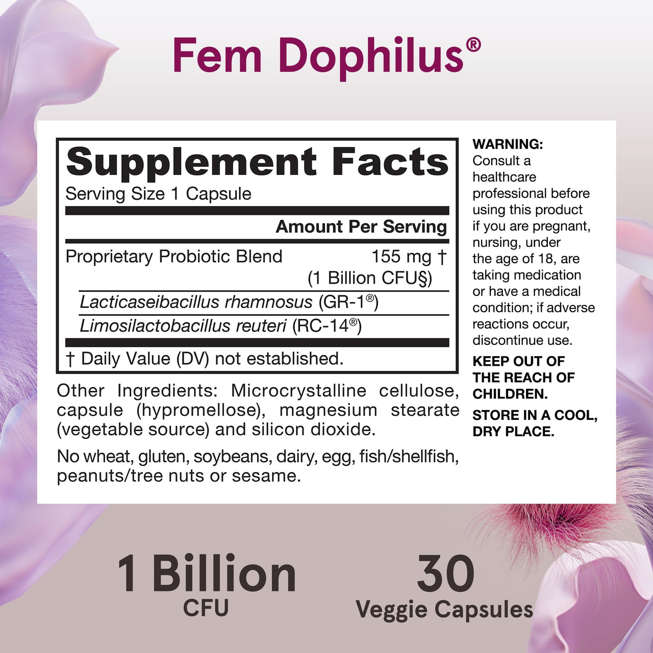 Jarrow Formulas Fem-Dophilus Vaginal Probiotics 1 Billion CFU with 2 Science-Backed Strains, Dietary Supplement for Vaginal & Urinary Tract Support, 30 Capsules, Up to a 30 Day Supply, Shelf-Stable